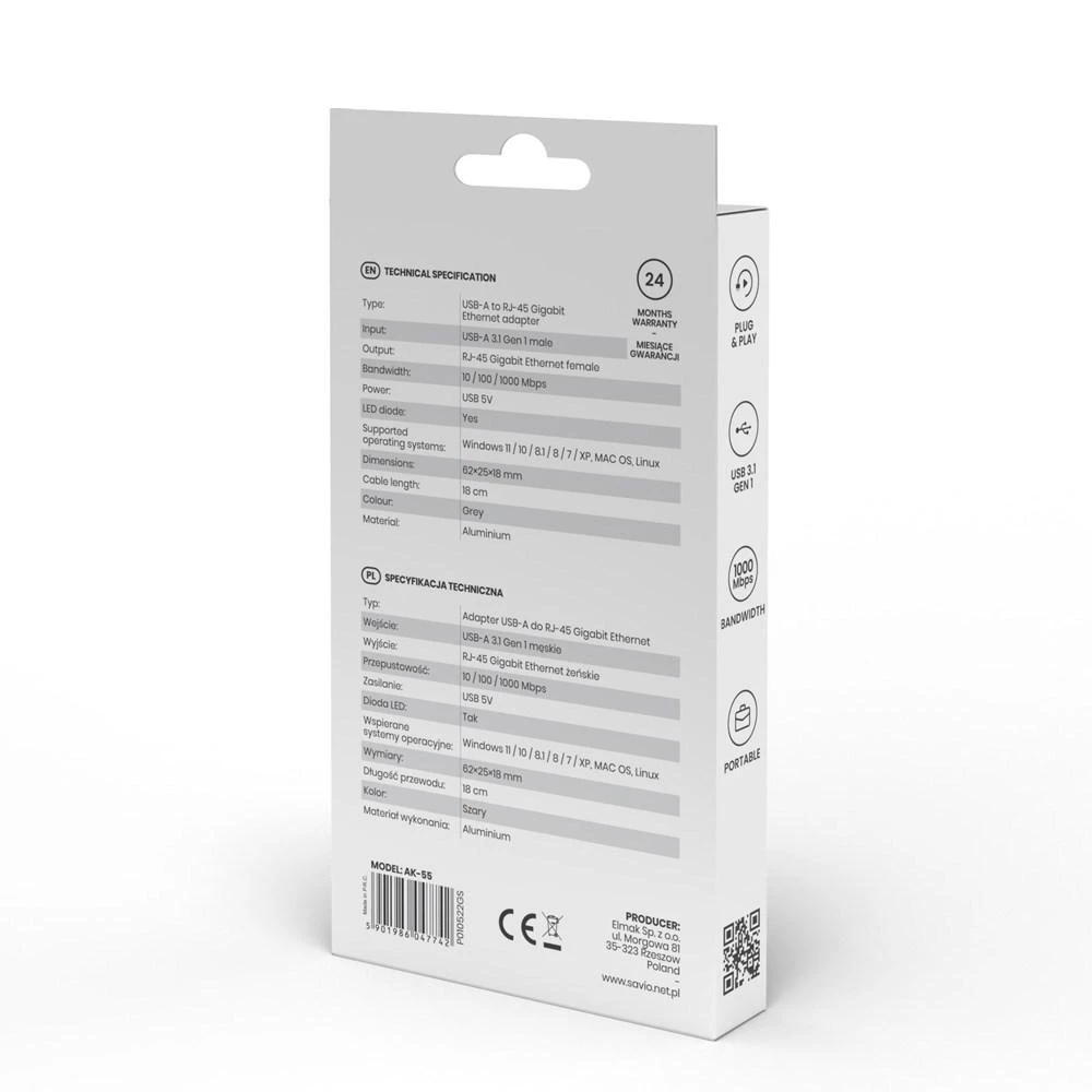 SAVIO AK-55 adapteris USB-A 3.1 GEN 1 do RJ-45 Gigabit Ethernet