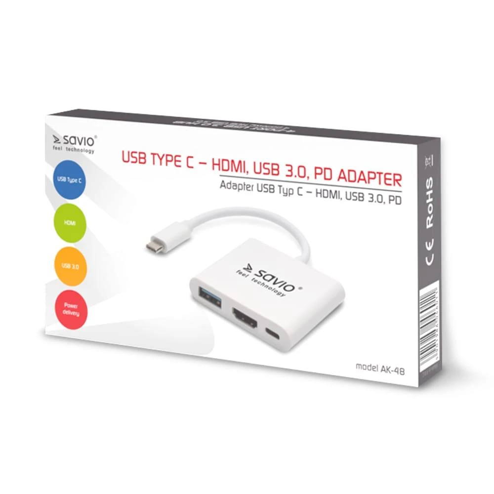 USB tipo C HDMI adapteris, USB 3.0, PD SAVIO AK-48