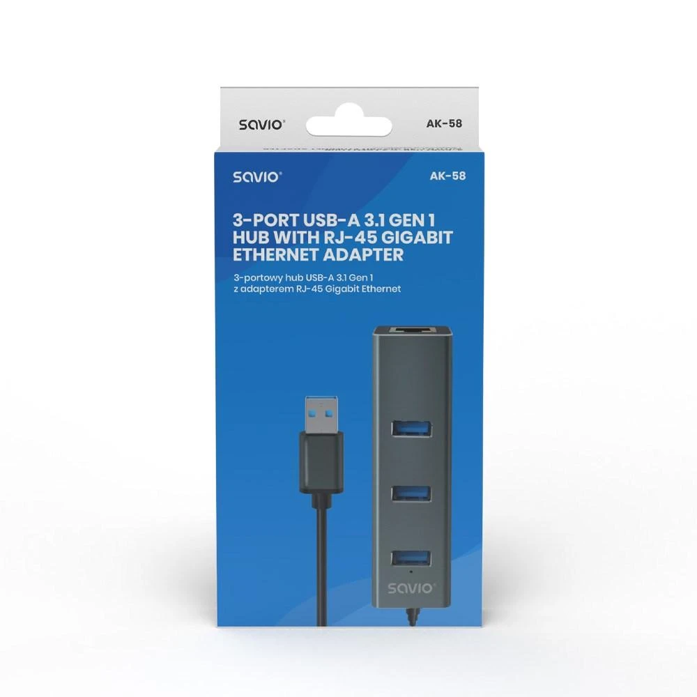 USB Hub - Savio AK-57 3x USB-A Huba su RJ-45 Gigabit Ethernet 5000 Mbit/s Pilkas
