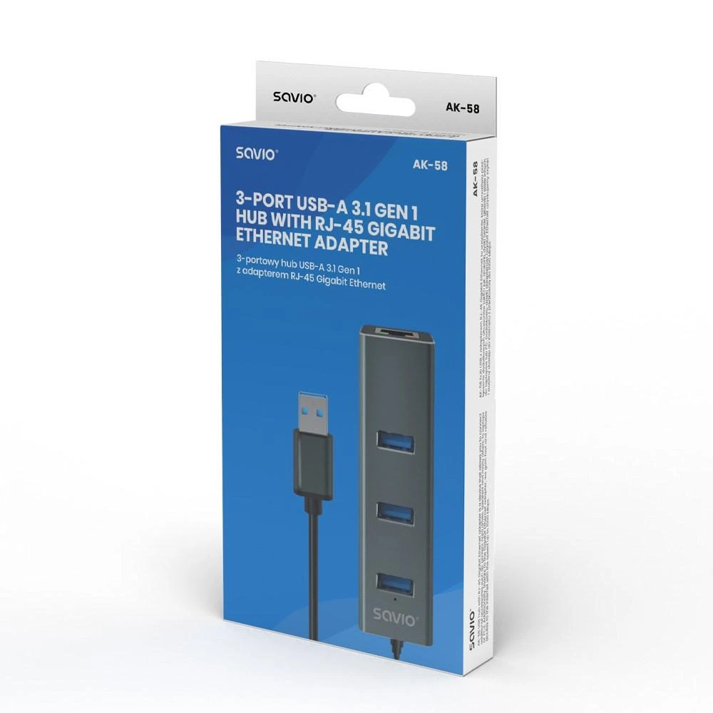 USB Hub - Savio AK-57 3x USB-A Huba su RJ-45 Gigabit Ethernet 5000 Mbit/s Pilkas