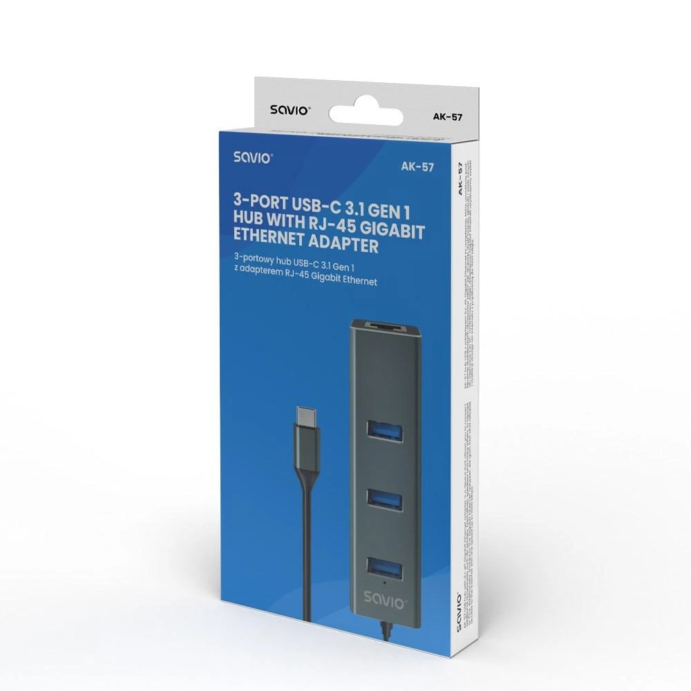 Savio AK-57 USB-C - 3 x USB-A HUB su RJ-45 Gigabit Ethernet adapteriu, 5000 Mbit/s, pilkas
