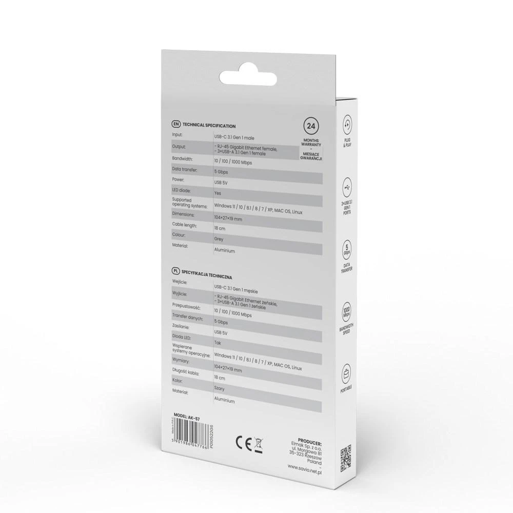 Savio AK-57 USB-C - 3 x USB-A HUB su RJ-45 Gigabit Ethernet adapteriu, 5000 Mbit/s, pilkas