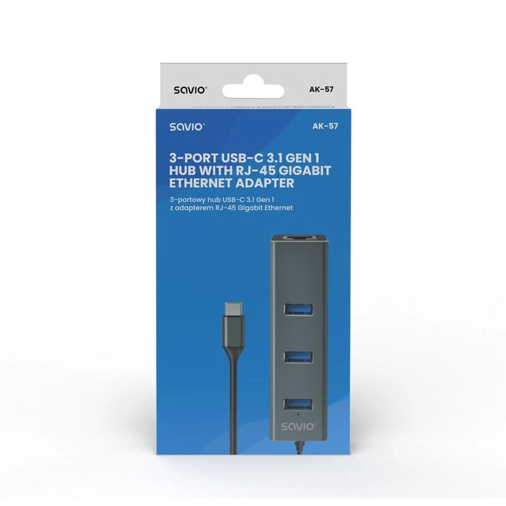 Savio AK-57 USB-C - 3 x USB-A HUB su RJ-45 Gigabit Ethernet adapteriu, 5000 Mbit/s, pilkas