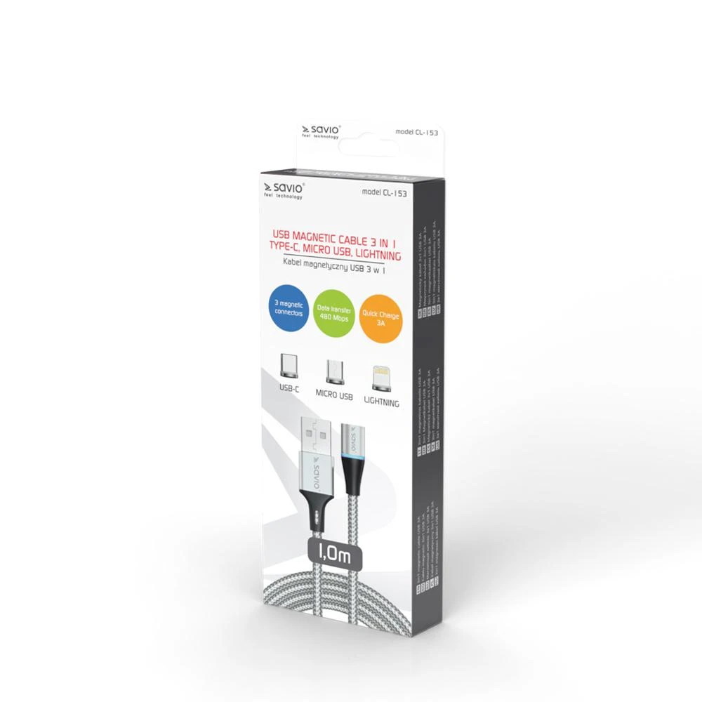 Kabelis USB Savio USB-A - USB-C + microUSB + Lightning 1 m Sidabrinė (1_790966)