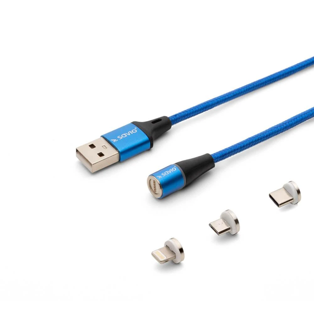 Magnetinis USB kabelis – USB Type C, Micro and Lightning 1m, SAVIO CL-154 Mėlyna