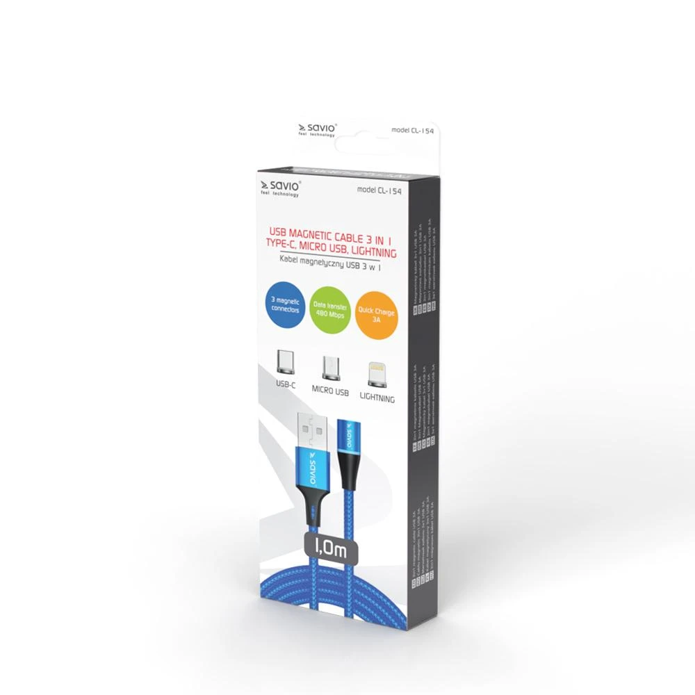 Magnetinis USB kabelis – USB Type C, Micro and Lightning 1m, SAVIO CL-154 Mėlyna