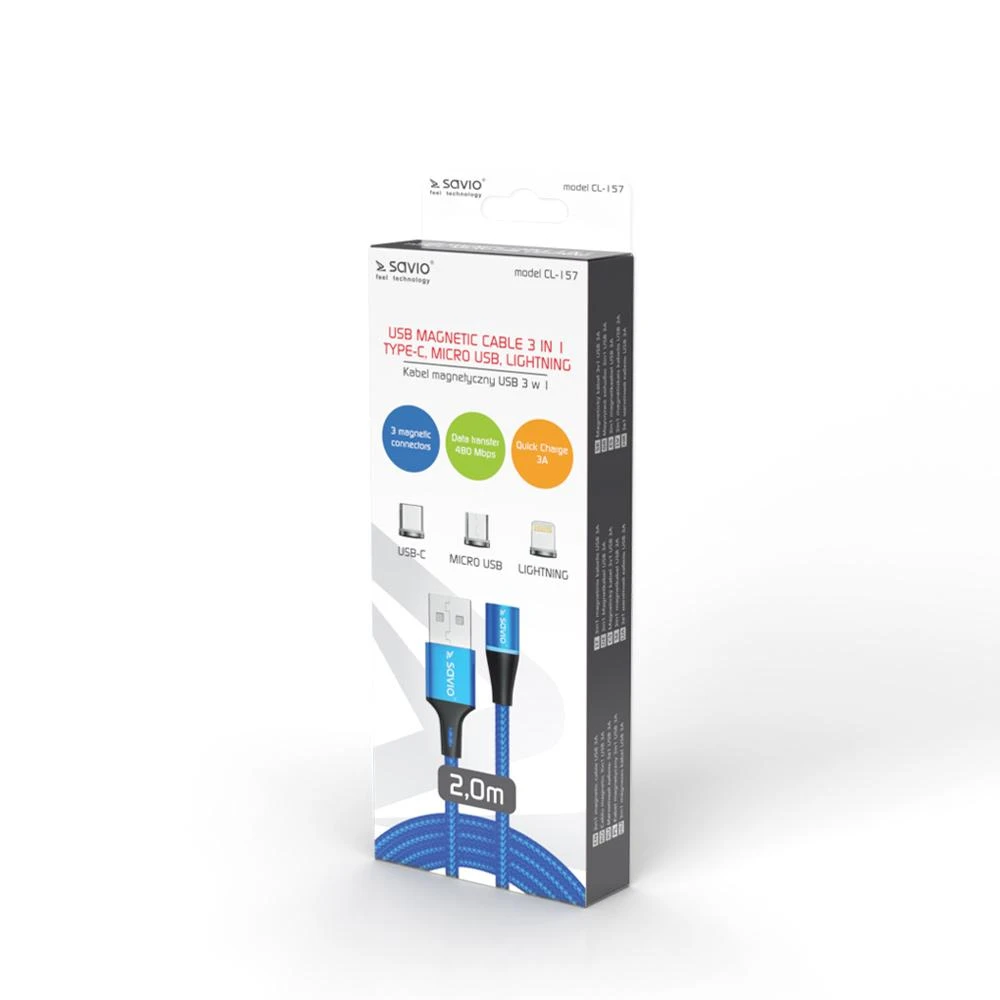 Savio CL-157 USB kabelis 2 m USB 2.0 USB C Micro USB A/Lightning Mėlyna