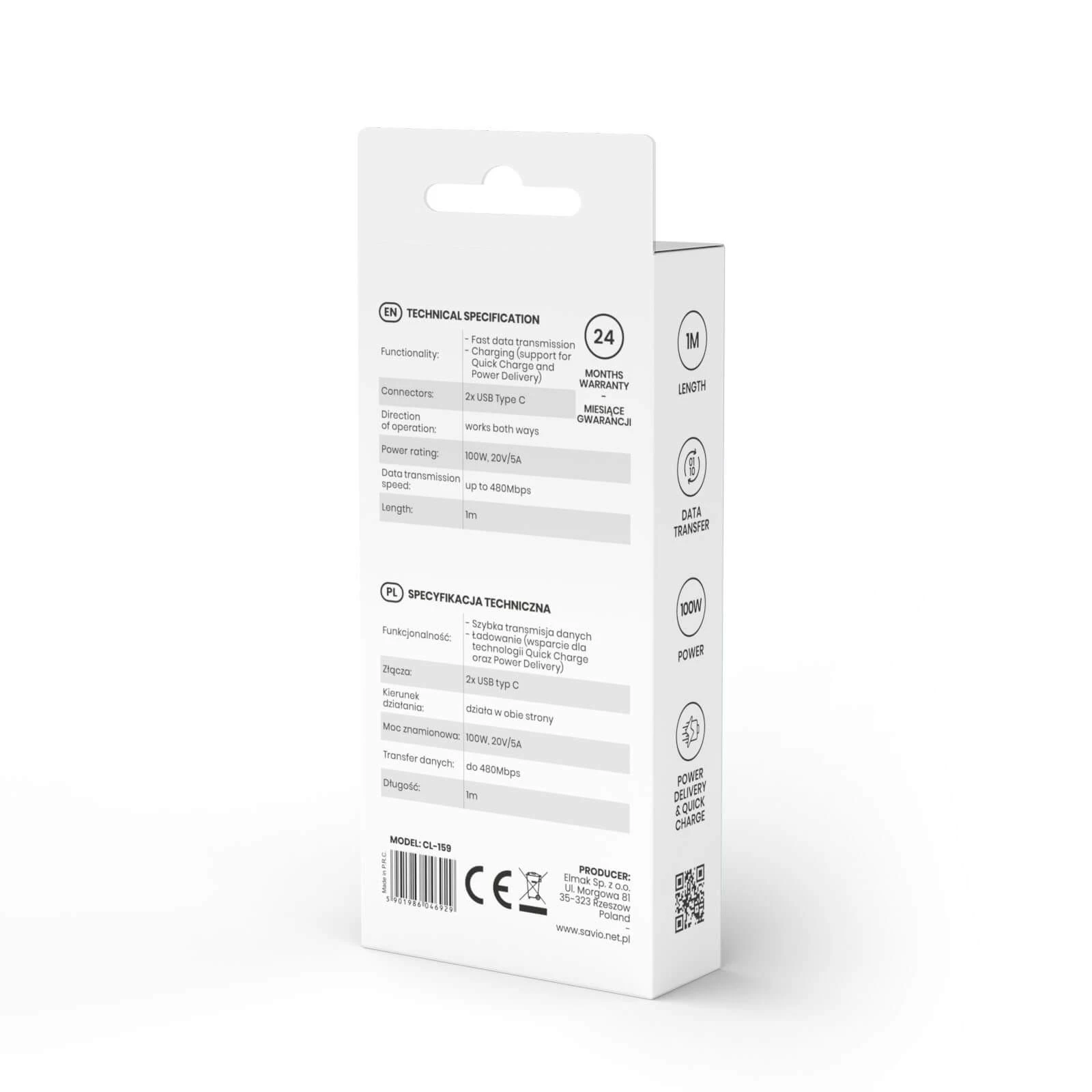 USB Kabelis - SAVIO CL-159 1m USB 2.0 Type C į Type C 480 Mbit/s Juodas
