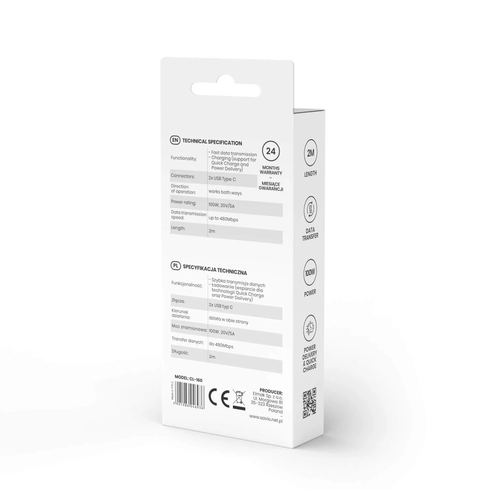 USB Kabelis - SAVIO CL-160 2m USB 2.0 C to C 480 Mbit/s 2.1 A Juodas