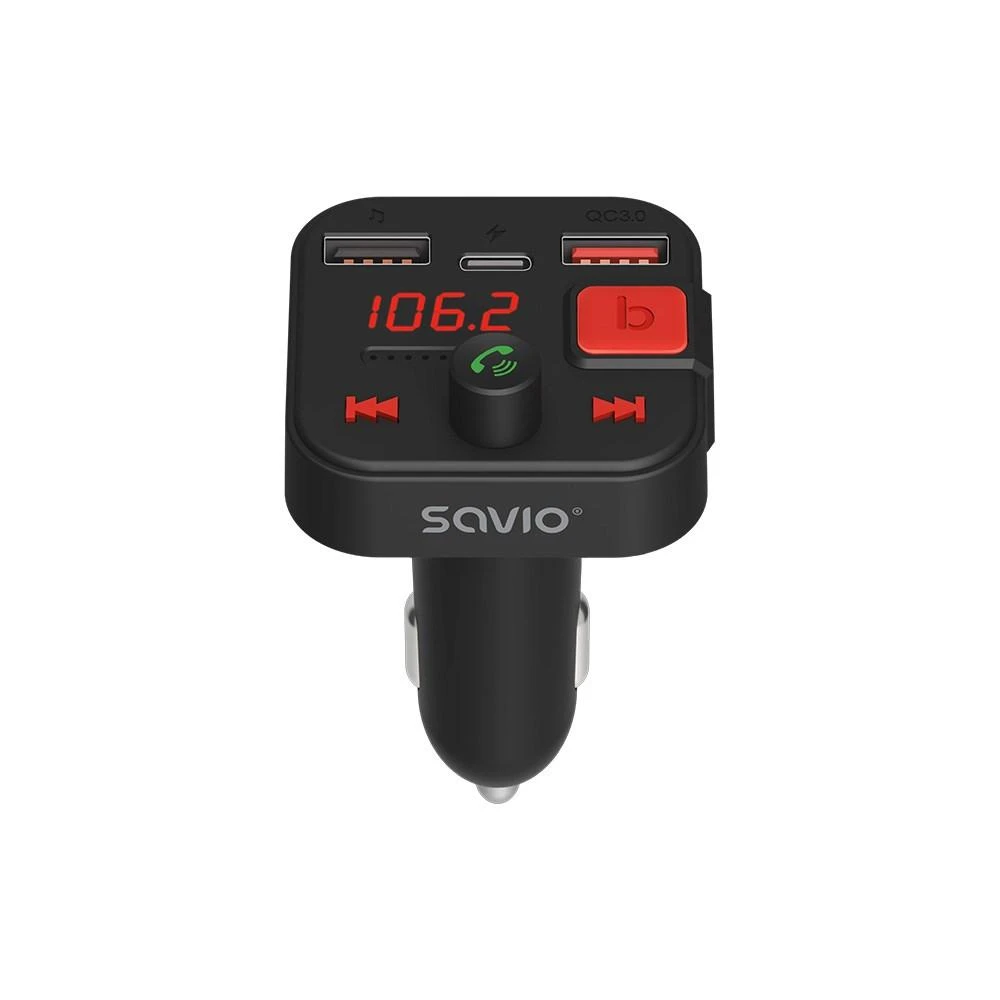 Automobilinė Garso Sistema - Savio FM Siųstuvas, Bluetooth 5.3, QC 3.0, LED Ekranas, Bass Boost