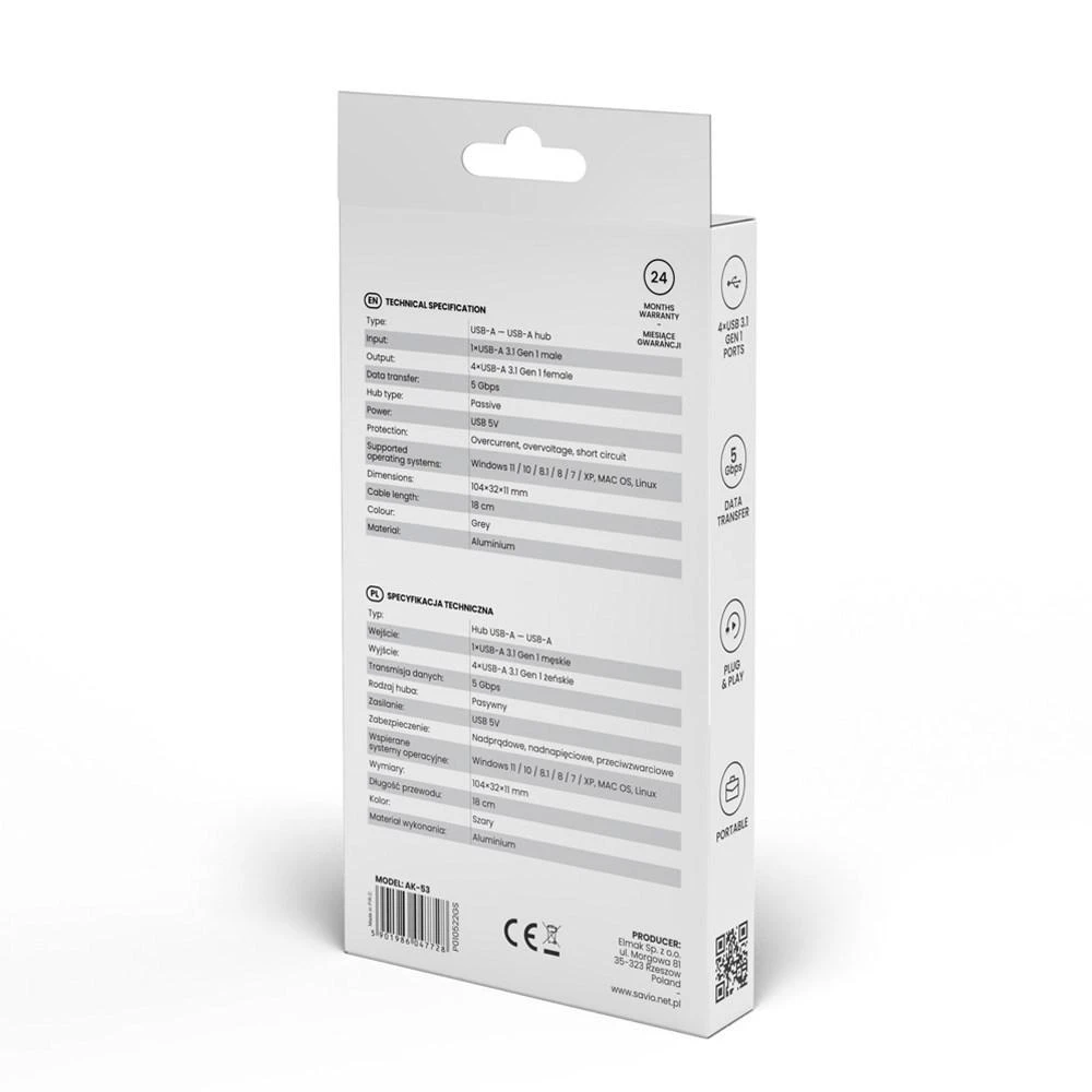 Port Savio AK-53 4 prievadų USB 3.1 Gen 1