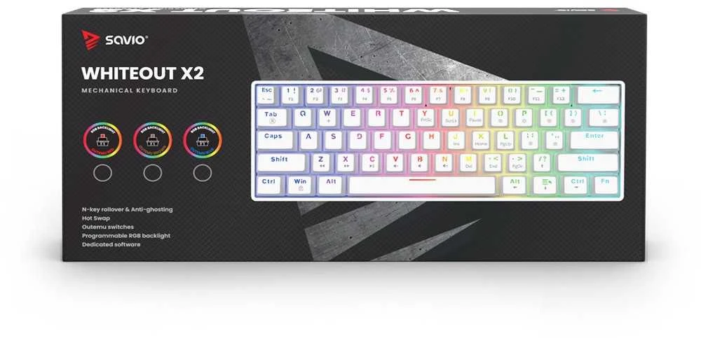 Mėlyna Klaviatūra žaidimams Savio Whiteout X2 Outemu Mėlyna su laidu mechaninė su pašvietimu balta