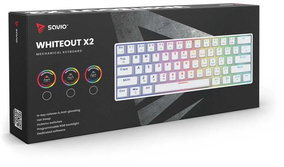 Mėlyna Klaviatūra žaidimams Savio Whiteout X2 Outemu Mėlyna su laidu mechaninė su pašvietimu balta