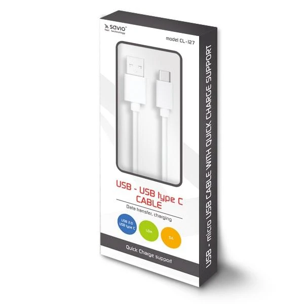 USB kabelis - SAVIO USB Type C 5A 1m 480 Mbit/s Baltas