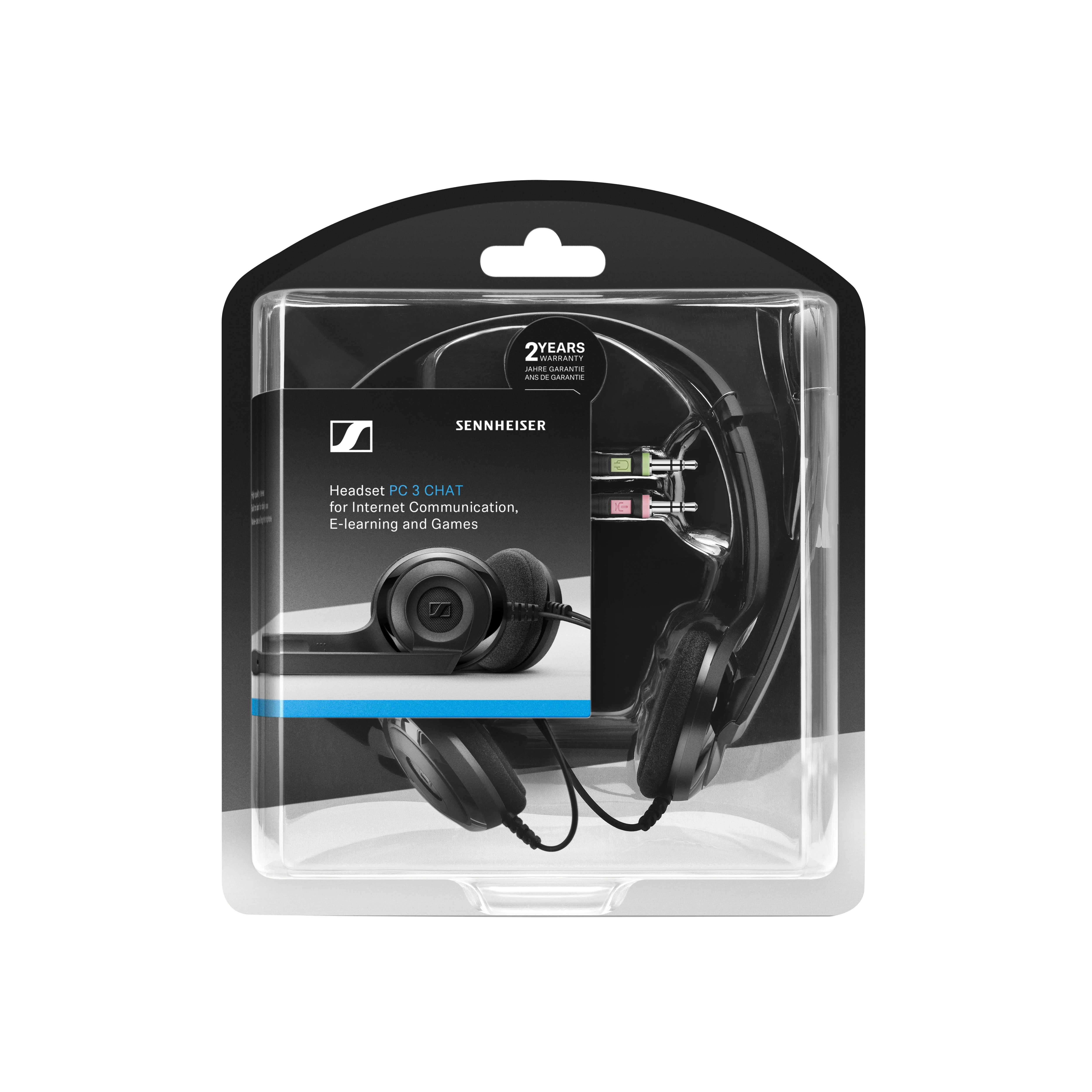 Itin lengvos kompiuterinės ausinės Sennheiser PC 3 CHAT, su mikrofonu, 2x 3.5mm, Juodos