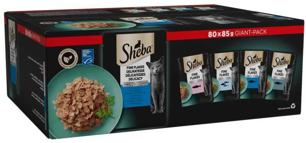 SHEBA Maišeliai (80x85g) Žuvies Skoniai Sušalę Maistas Suaugusiems Kačiukams Želė
