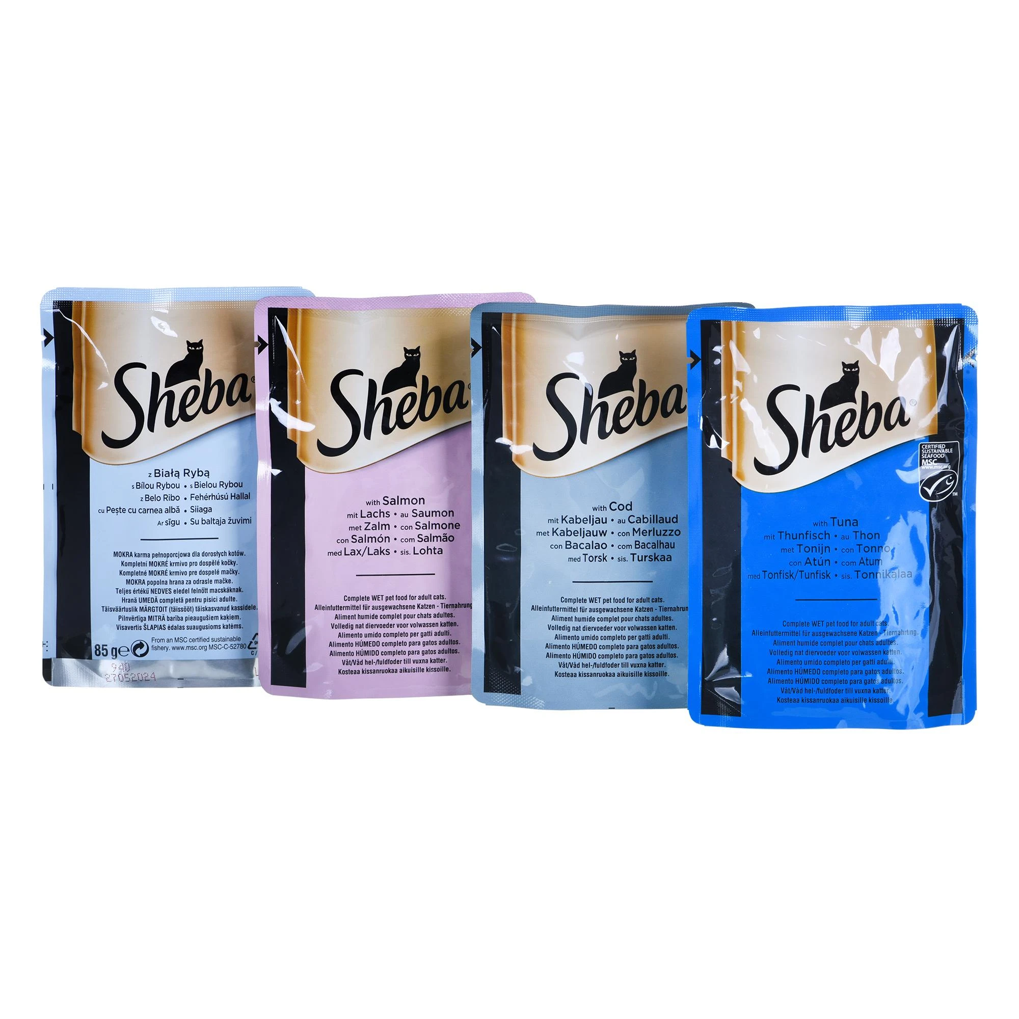 SHEBA Maišeliai (80x85g) Žuvies Skoniai Sušalę Maistas Suaugusiems Kačiukams Želė