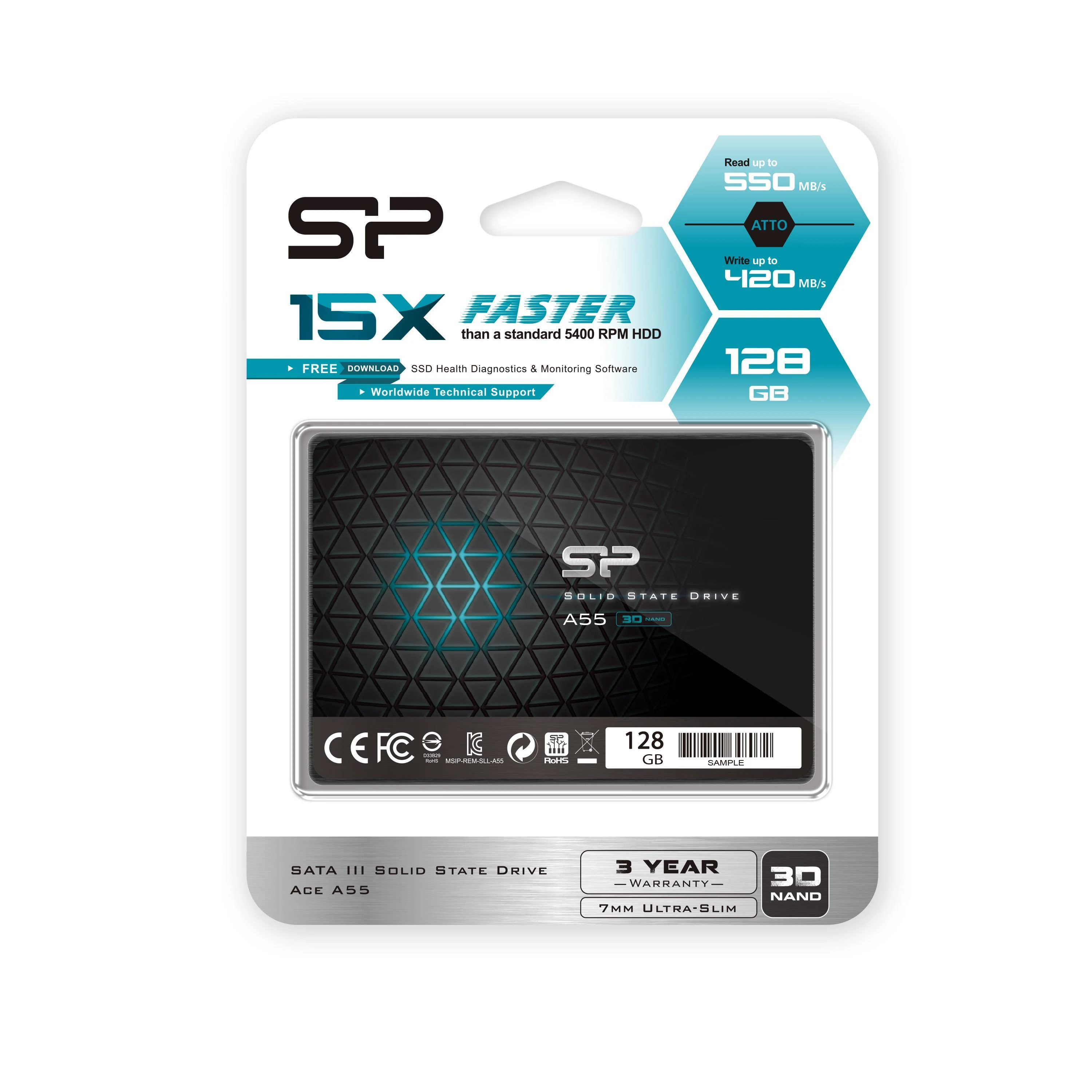 Silicon Power | A55 | 128 GB | SSD form factor 2.5" | Solid-state drive sąsaja SATA | Skaitymo greitis 550 MB/s | Rašymo greitis 420 MB/s