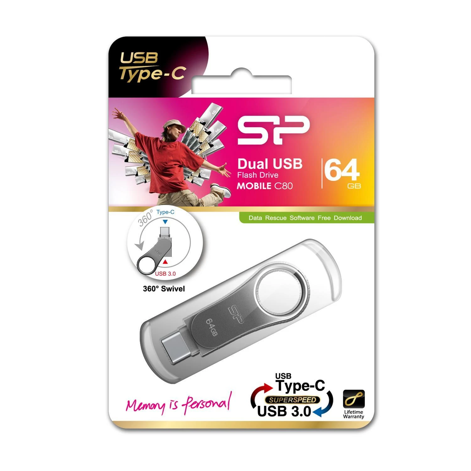 Atmintukas Silicon Power Mobile C80 64GB USB 3.0 Type-C Sidabrinis