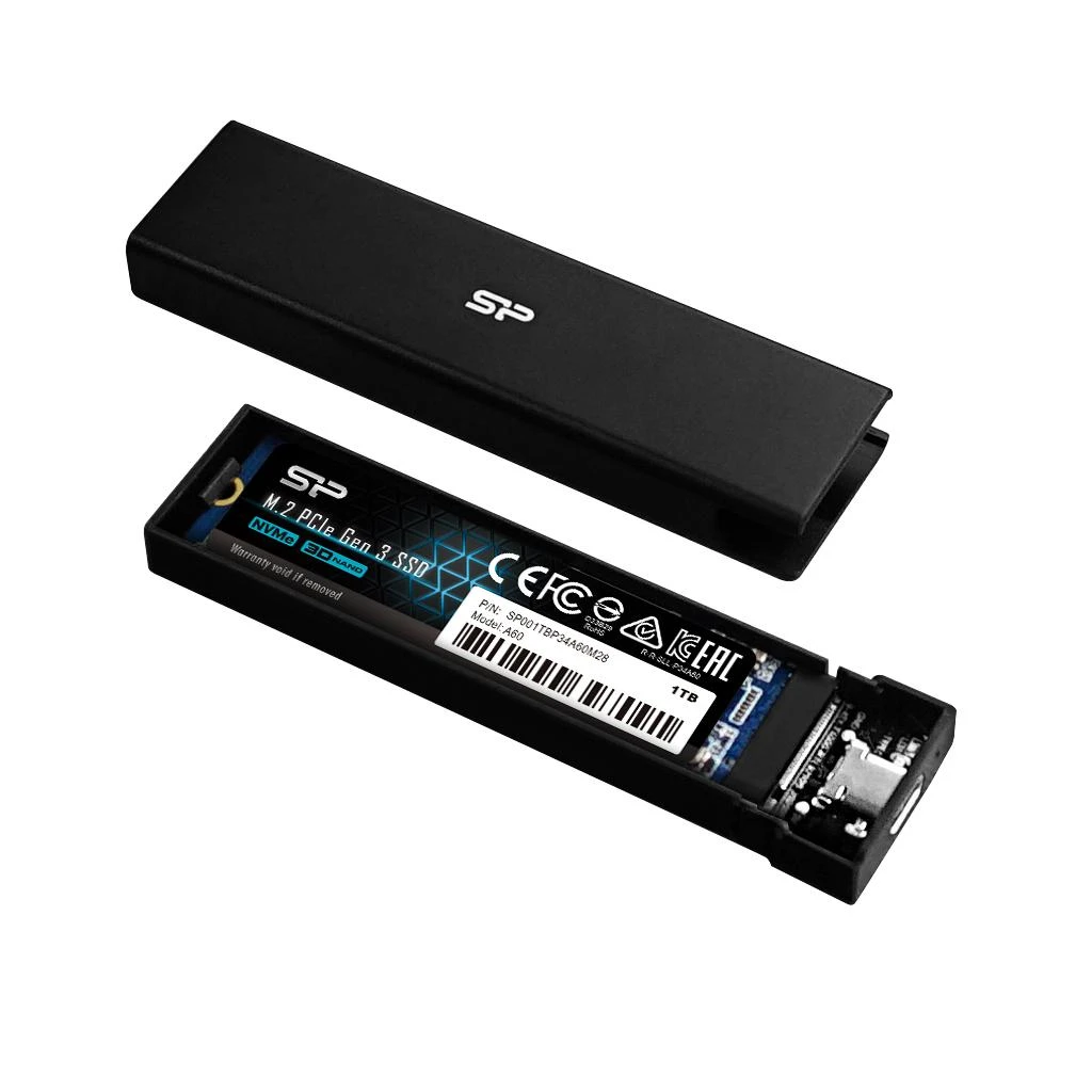 Silicon Power SSD dėklas su atidaryta įdėta plokštele