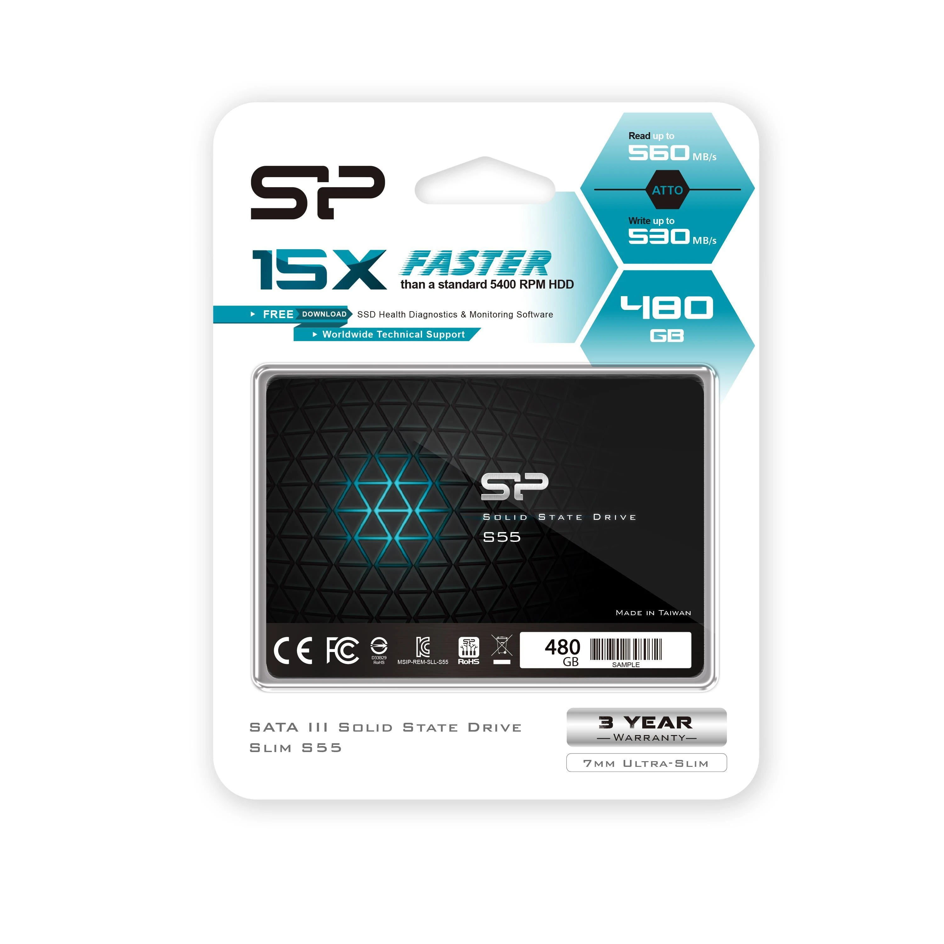Silicon Power Slim S55 480 GB, SSD form factor 2.5", SSD sąsaja SATA, Rašymo greitis 440 MB/s, Skaitymo greitis 550 MB/s