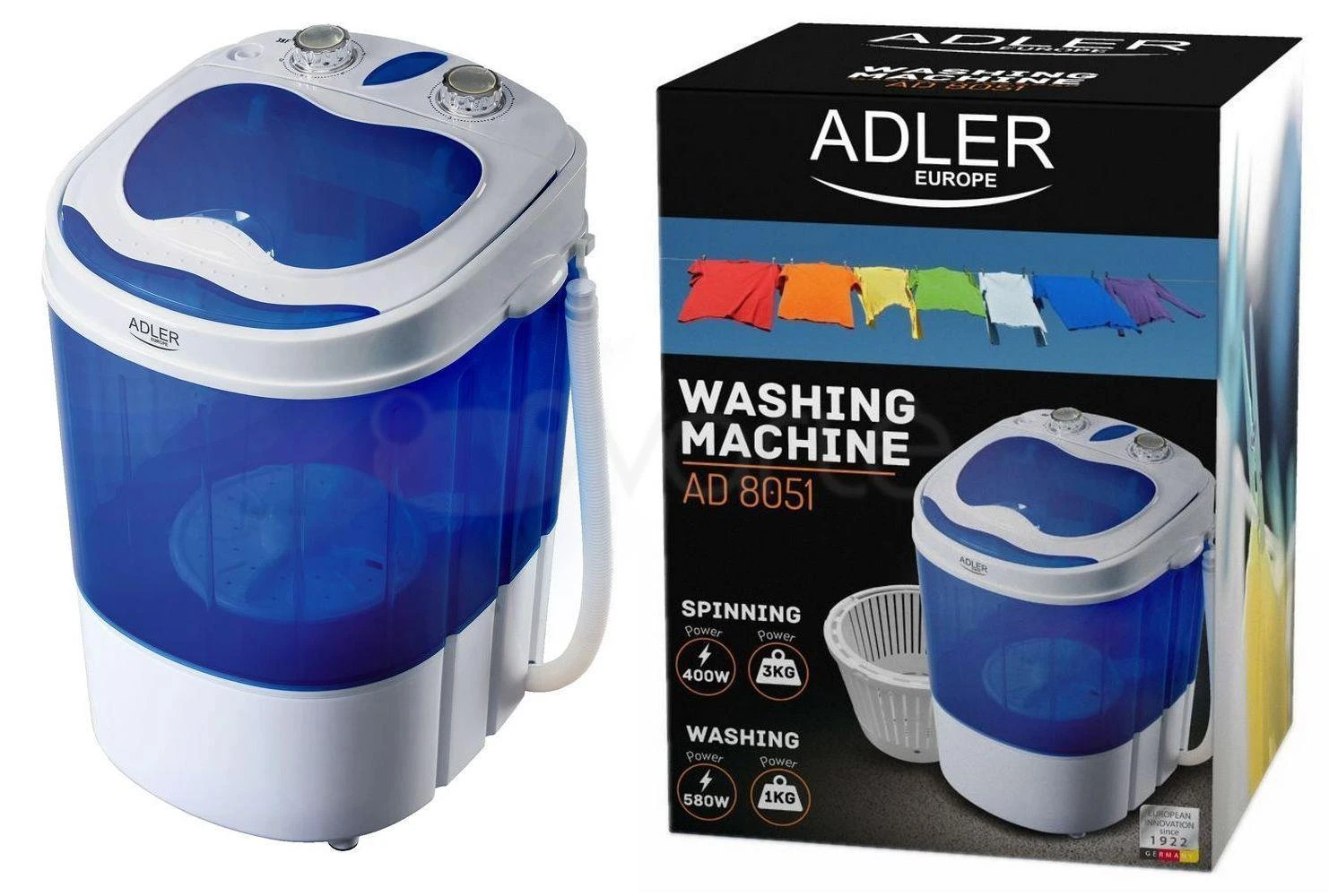 Adler | Skalbimo mašina | AD 8051 | Top loading | Skalbimo talpa 3kg | Unspecified RPM | Gylis 37 cm | Plotis 38 cm | Baltas/Mėlyna