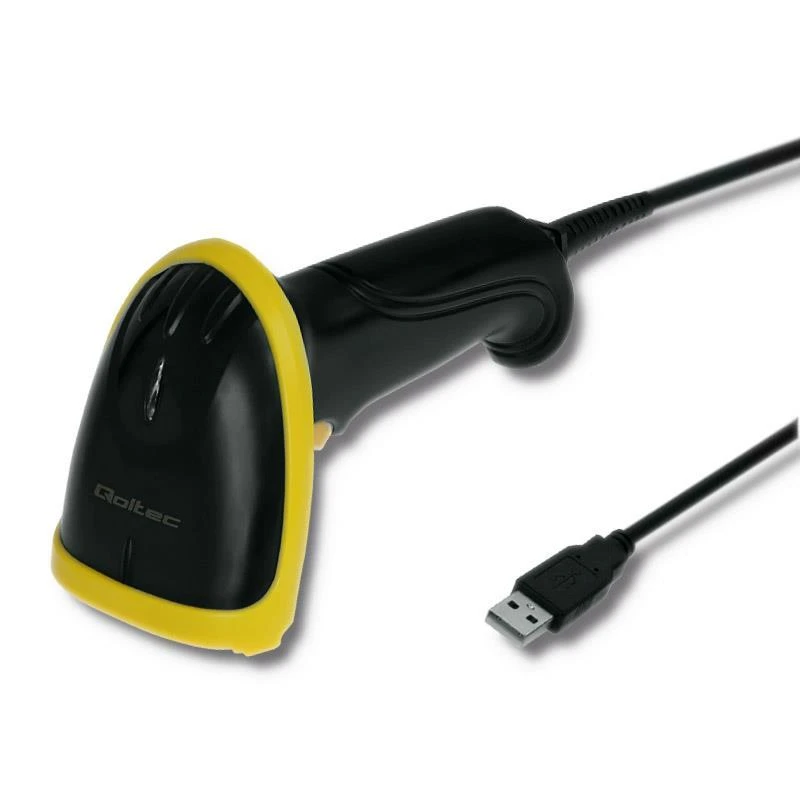 Brūkšninių kodų skaitytuvas su geltonu rėmeliu ir USB jungtimi