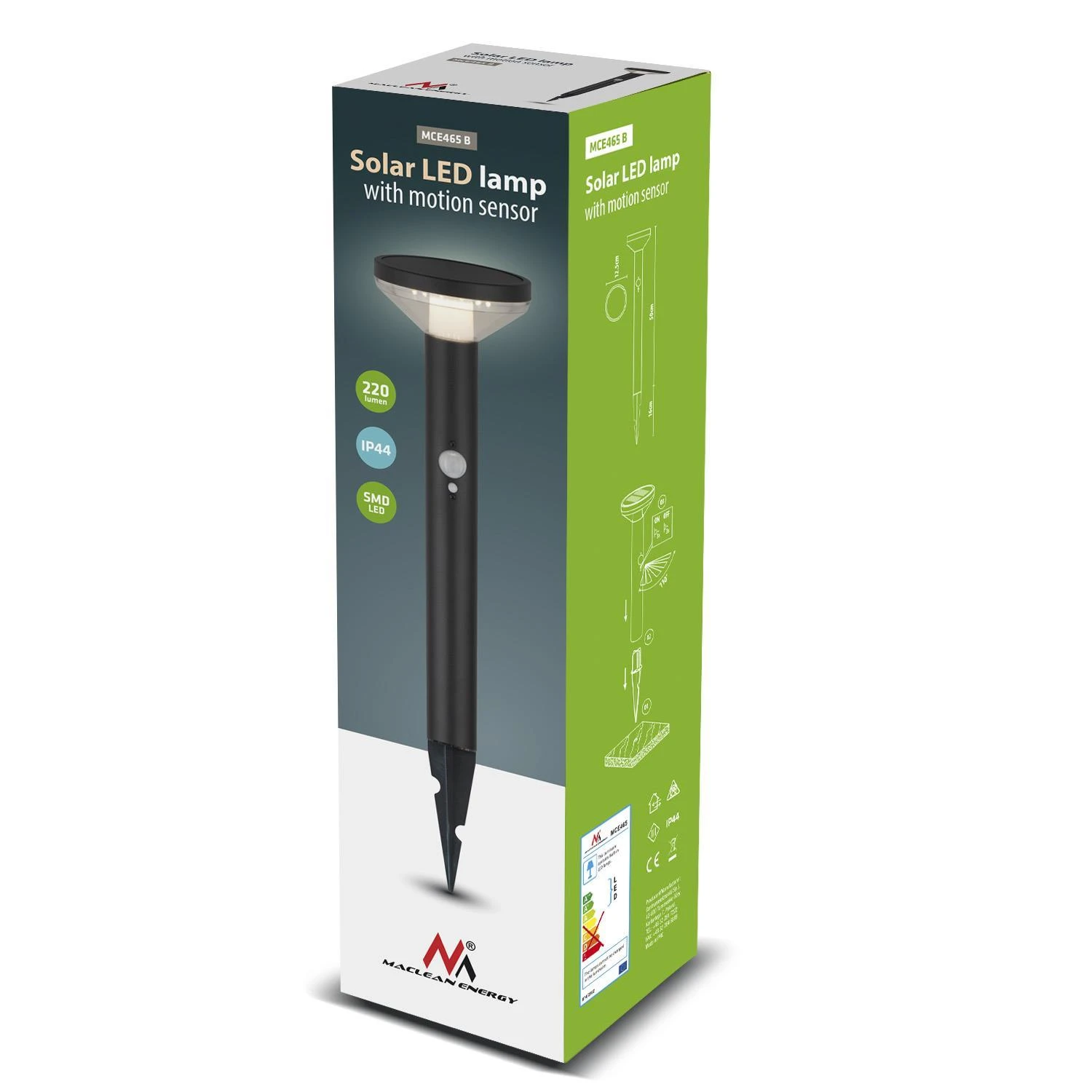 Lubinis šviestuvas Saulės LED lempa su Maclean jutikliu, juoda, IP44, 3 šviesos režimai, Li-ion 18650 baterija 3,7V 1200 mAh, įjungimo jutiklis, MCE465 B