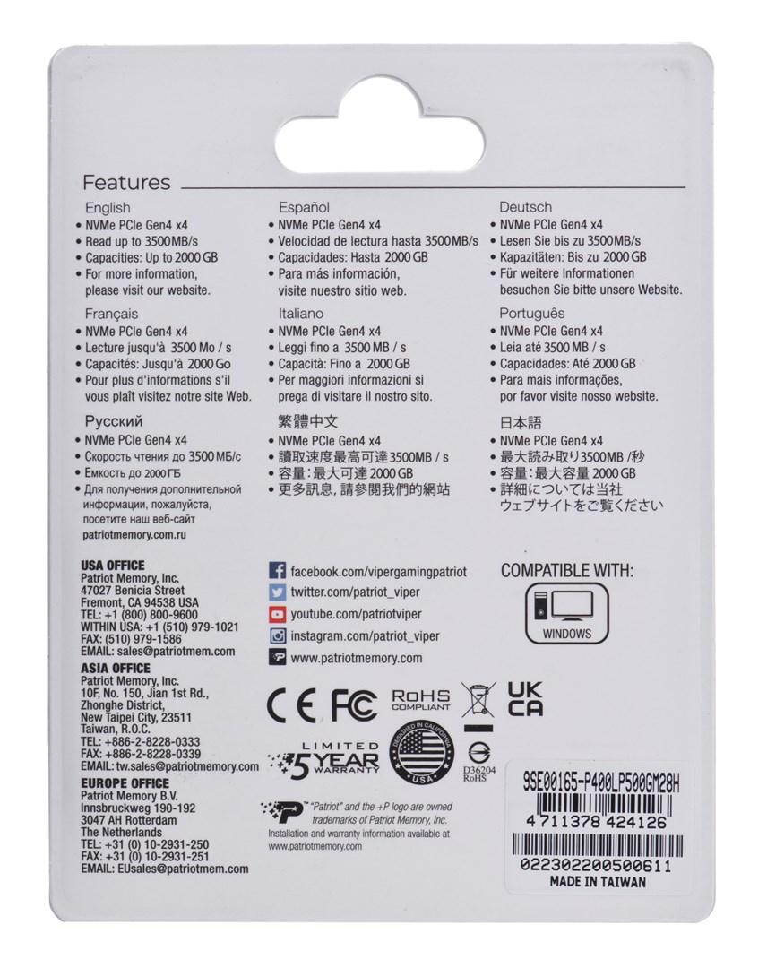 SSD vidinis kietasis diskas Patriot P400 Lite (P400LP500GM28H), 500GB, M.2 2280