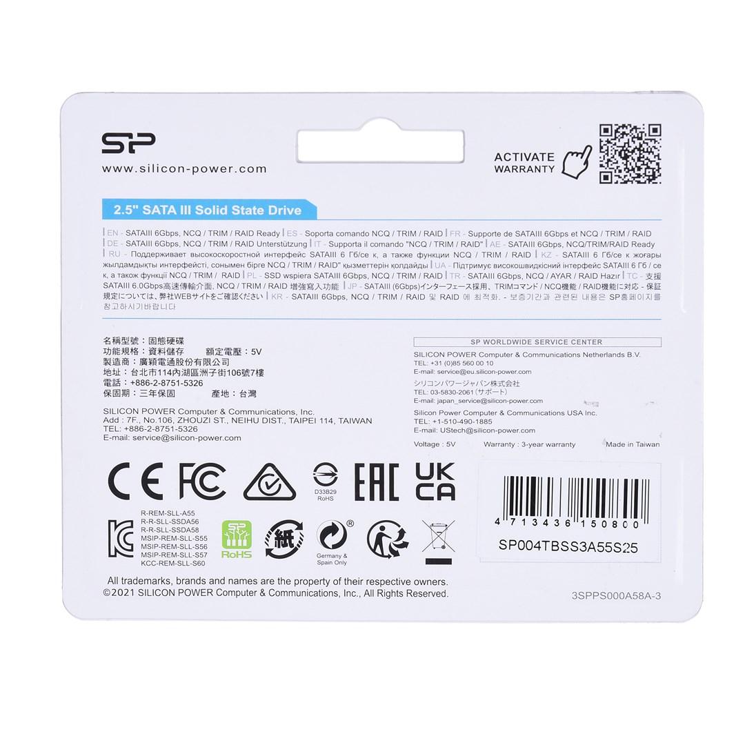 Kietasis diskas SILICON POWER 4TB A55 SATA III 6Gb/s VIDINIS KIETOJI DISKAS | Silicio galia | Tūzas | A55 | 4000 GB | SSD formos koeficientas 2,5" | Kietojo kūno disko sąsaja SATA III | Skaitymo greitis 500 MB/s | Rašymo greitis 450 MB/s