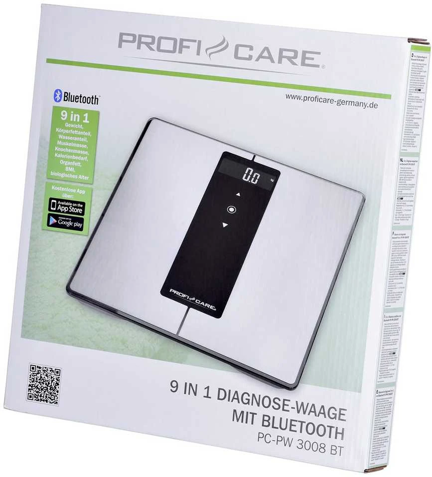 Virtuvinės svarstyklės ProfiCare 9 viename diagnostinės svarstyklės PC-PW 3008 BT (nerūdijančio plieno / juodos, su „Bluetooth“)