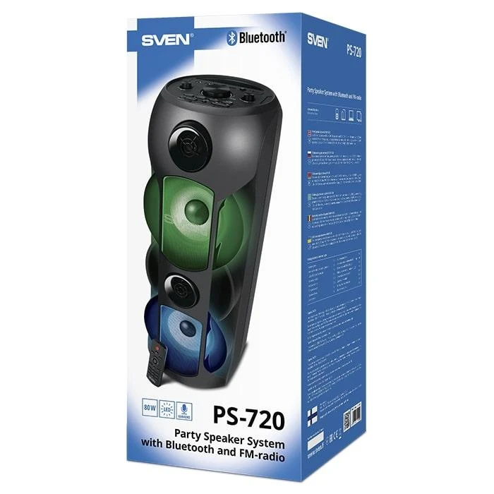 Garsiakalbis SVEN PS-720, juodas (80W, TWS, Bluetooth, FM, USB, Micro SD, LED ekranas, 4400mA*h)