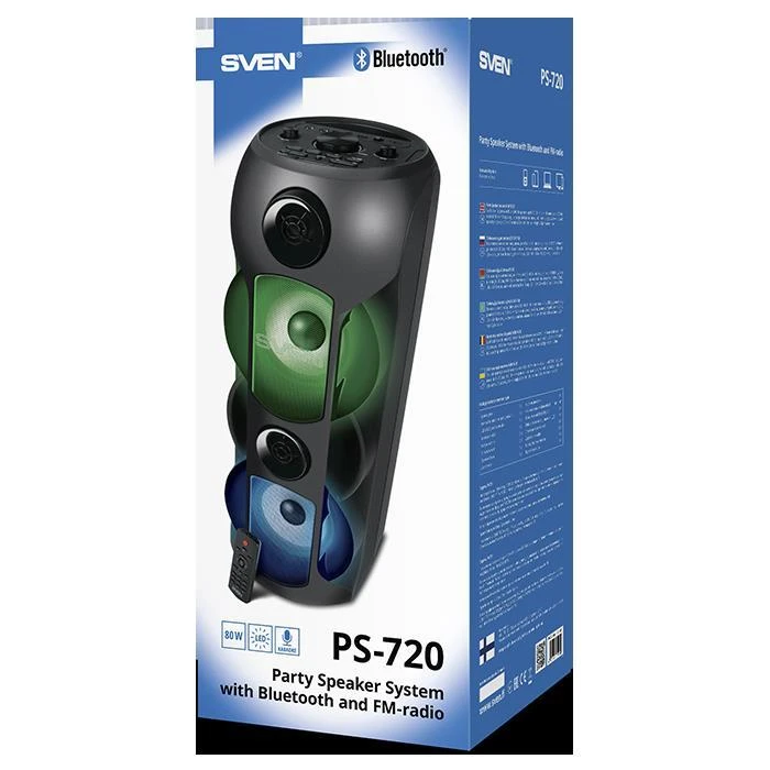 Garsiakalbis SVEN PS-720, juodas (80W, TWS, Bluetooth, FM, USB, Micro SD, LED ekranas, 4400mA*h)