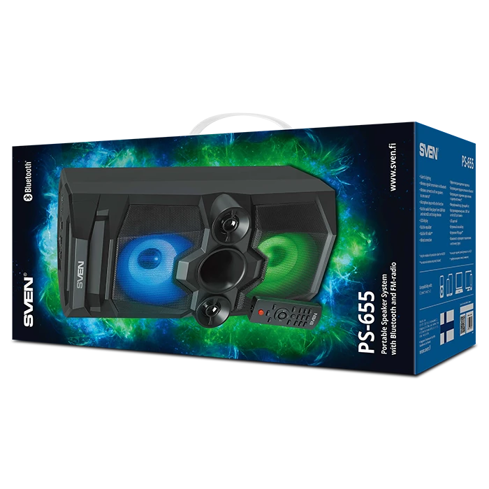 Garsiakalbis SVEN PS-655, juodas (50W, TWS, Bluetooth, FM, USB, Micro SD, LED-ekranas, RC, 2x4400mA*h); SV-020163