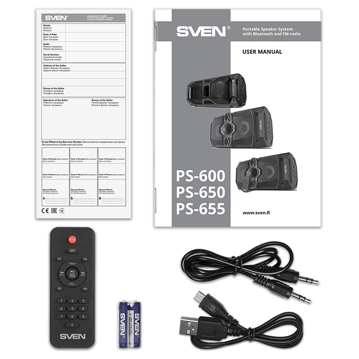 Garsiakalbis SVEN PS-655, juodas (50W, TWS, Bluetooth, FM, USB, Micro SD, LED-ekranas, RC, 2x4400mA*h); SV-020163