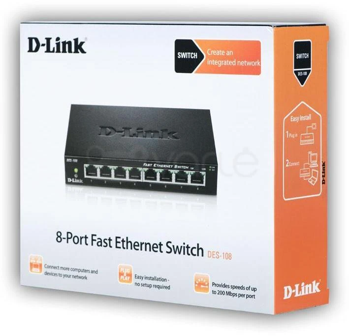 Šakotuvas D-Link DES-108 tinklo komutatorius Ne-valdomas Fast Ethernet (10/100) Juoda
