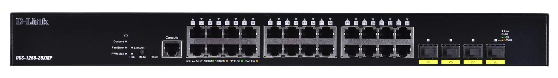 Šakotuvas D-LINK 28-Port Smart Managed PoE+ Gigabit Switch 4x 10G dlink žalias 3.0 24x 10/100/1000Mbit/s TP RJ-45 PoE prievadas 802.3at
