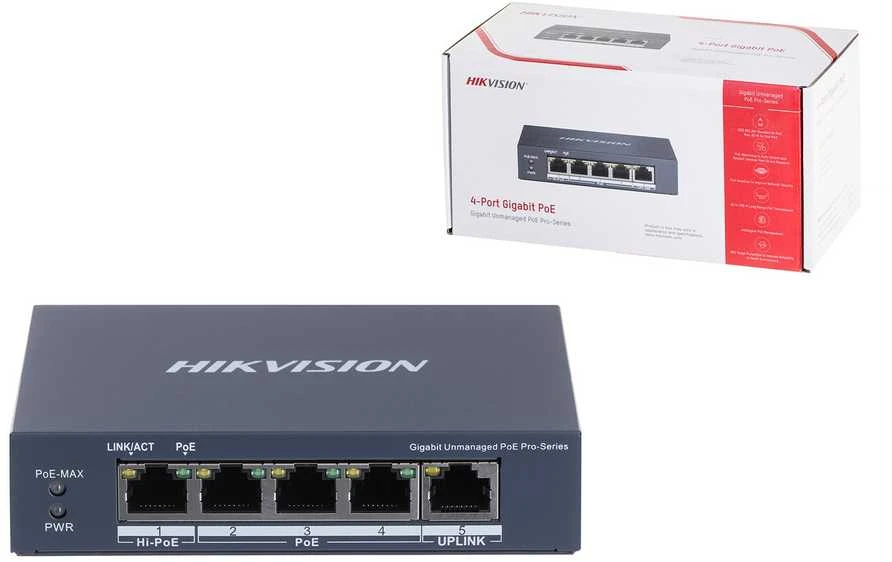 Šakotuvas SWITCH POE DS-3E0505HP-E 4 PRIEVADŲ Hikvision