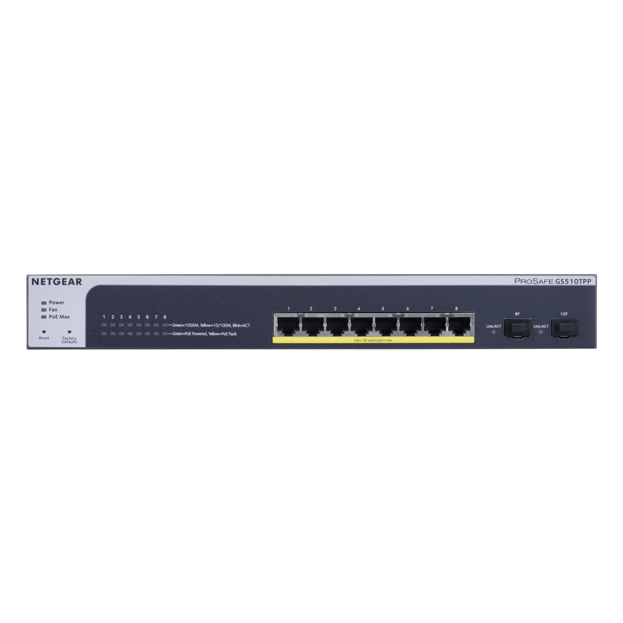 Šakotuvas Netgear Switch GS510TPP žiniatinklio valdymas, montuojamas ant stovo, 1 Gbps (RJ-45) jungčių kiekis 8, SFP jungčių kiekis 2, PoE+ jungčių kiekis 8, maitinimo tipas vienas