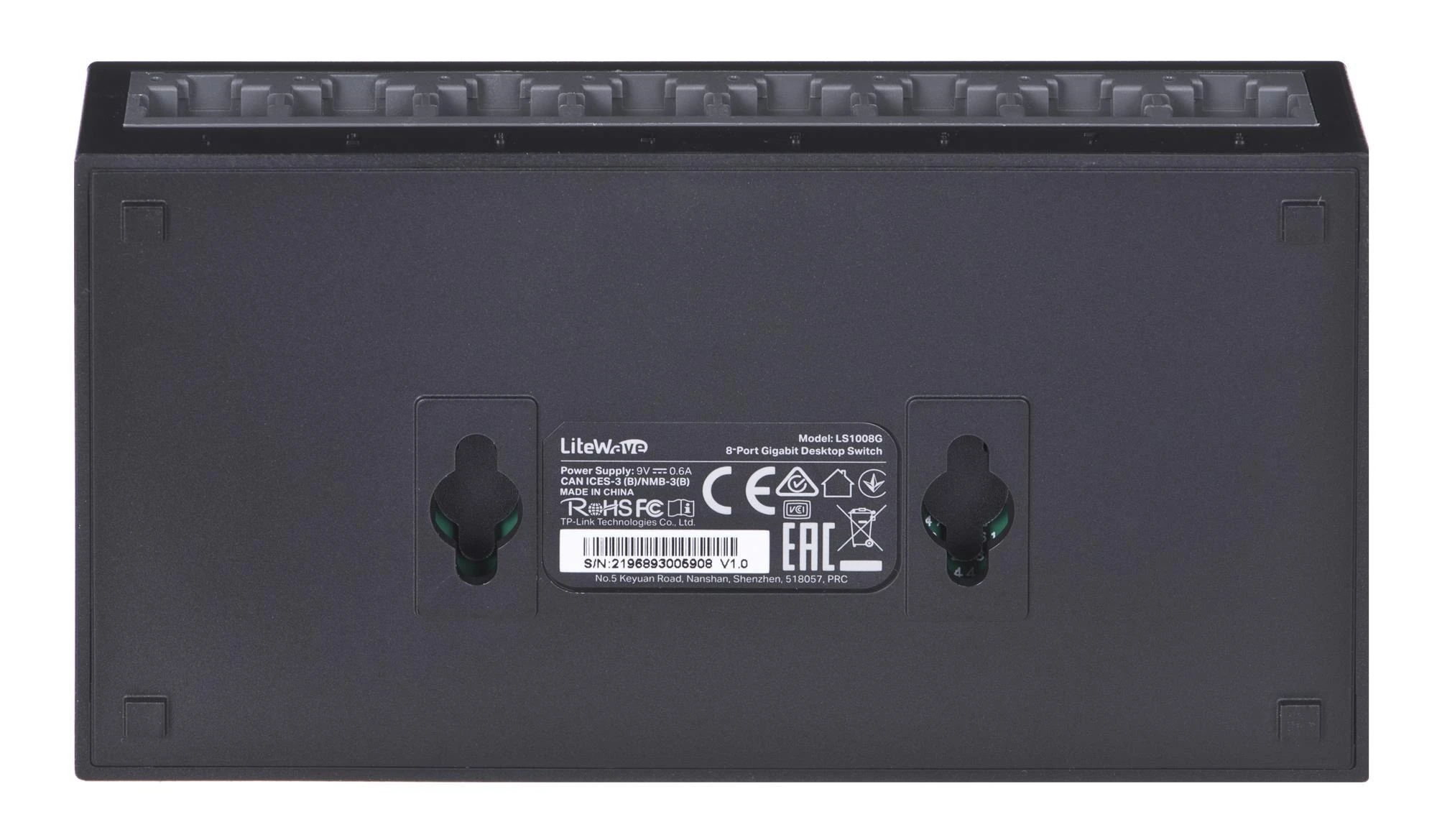 TP-LINK LiteWave komutatoriaus apačia su tvirtinimo angomis