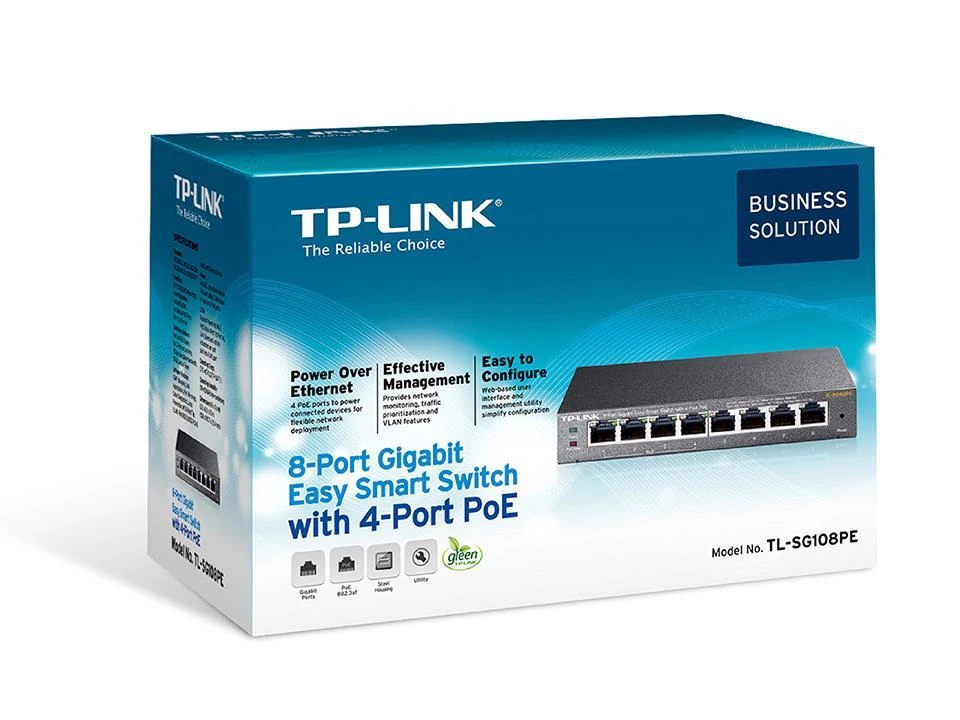 TP-Link 8 prievadų "Gigabit Easy Smart" komutatorius su 4 prievadų PoE (TL-SG108PE)