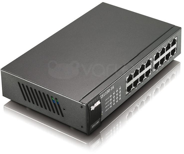 Šakotuvas „Zyxel GS1100-16/16-port 10/100/1000Mbps Gigabit Ethernet“ komutatorius, be ventiliatoriaus, 802.3az (Žalias), darbalaukio