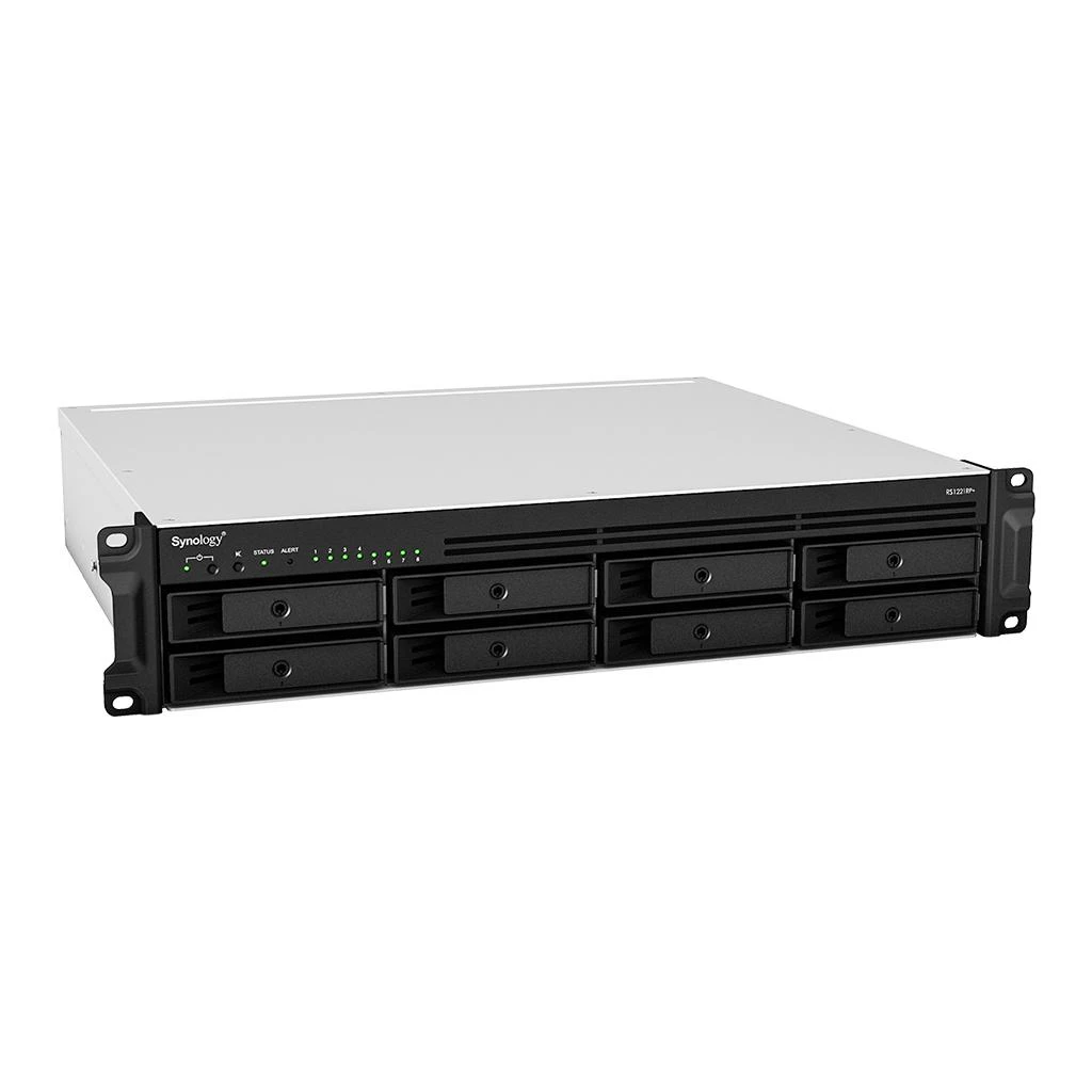 Serveris SYNOLOGY RS1221RP+ 8 skyrių NAS-Rackmount AMD Ryzen V1500B keturių branduolių 2,2 GHz 4GB DDR4 iki 32GB RJ-45 4x1GbE 2xUSB 3.2 1xeSATA