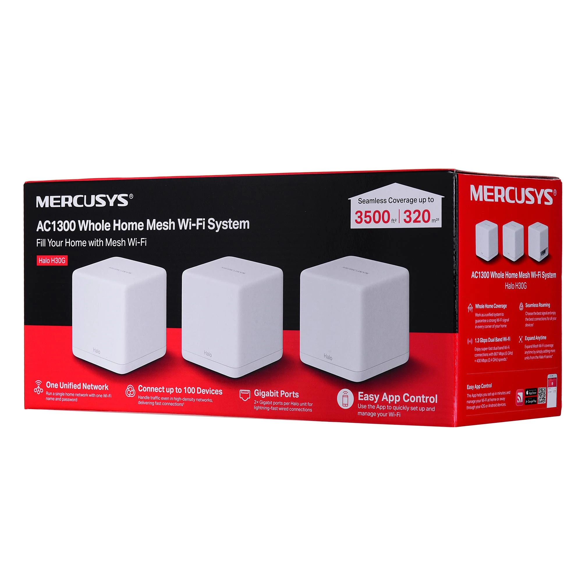 Maršrutizatorius TP-Link „Mercusys“ | AC1300 viso namo tinklinio „Wi-Fi“ sistema | „Halo H30G“ (3 vnt. pakuotė) | 802.11ac | 400+867 Mbit/s | Ethernet LAN (RJ-45) jungtys 2 | Tinklo palaikymas: Taip | MU-MiMO: Taip | Mobilusis plačiajuostis ryšys: Be