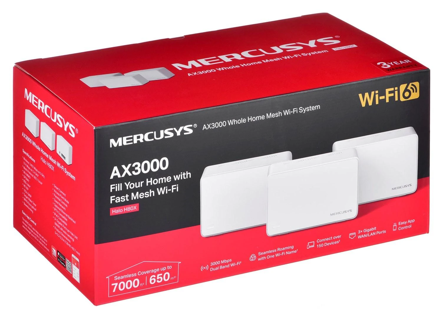 Maršrutizatorius Mercusys | AX3000 viso namo tinklelio „WiFi 6“ sistema su „PoE“ | „Halo H80X“ (3 vnt. pakuotė) | 802.11ax | 574+2402 Mbit/s | 10/100/1000 Mbit/s | Ethernet LAN (RJ-45) jungtys 3 | Tinklo palaikymas: Taip | MU-MiMO: Taip | Ne, mobilusis plačiajuostis ryšys | Antenos tipas: Vidinė