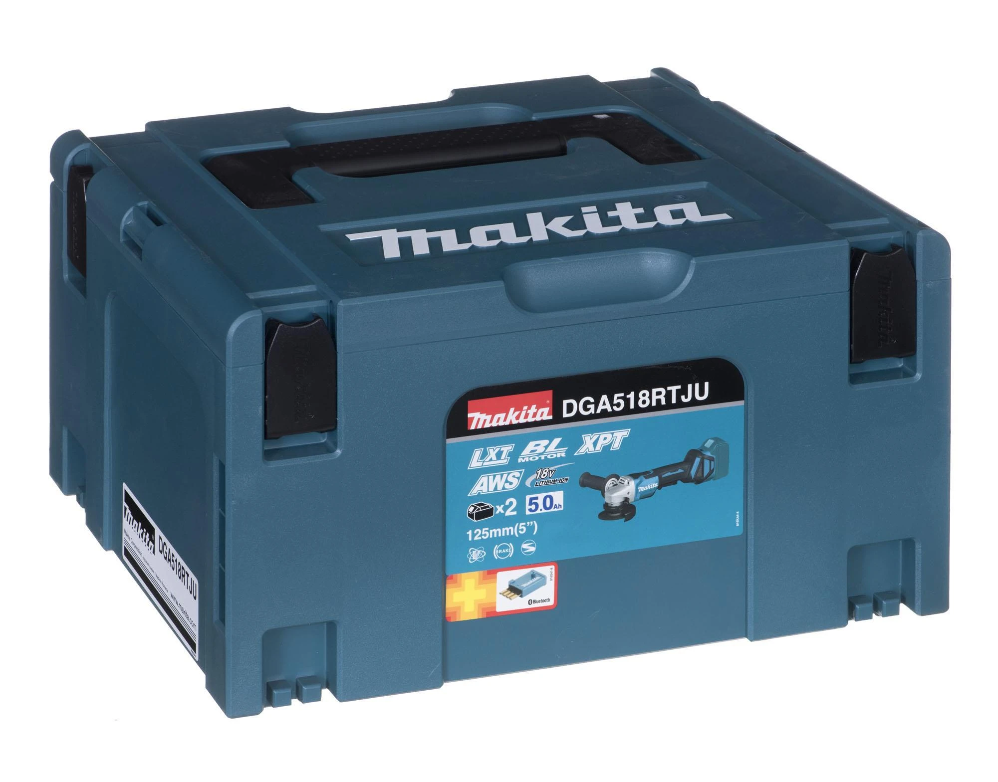 MAKITA KAMPACINIS ŠLIMUOTUVAS 18V‐125mm 2 x 5,0Ah LI-ION BEŠEPEČIŲ DĖKLAS MAKPAC DGA518RTJU