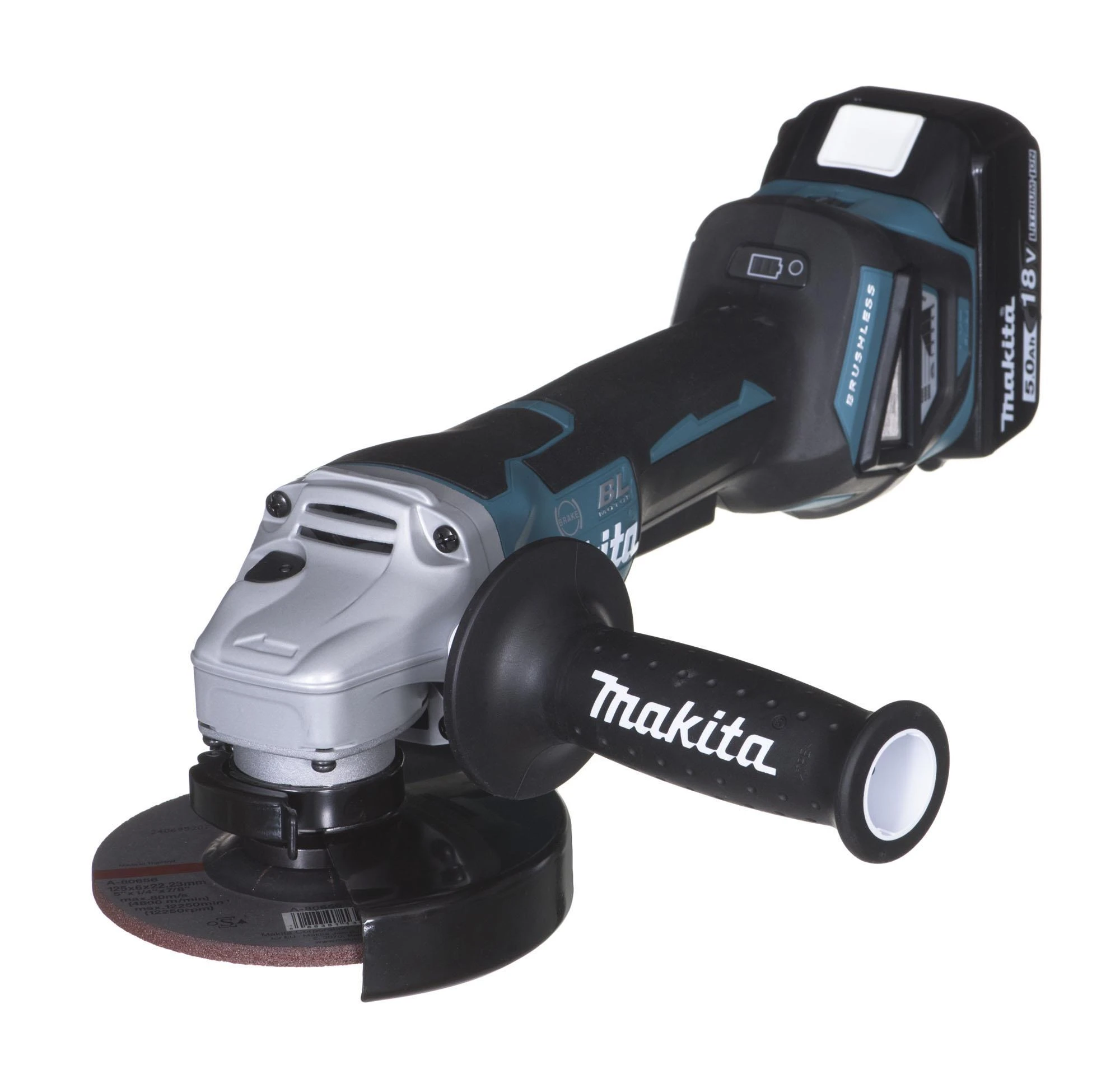 MAKITA KAMPACINIS ŠLIMUOTUVAS 18V‐125mm 2 x 5,0Ah LI-ION BEŠEPEČIŲ DĖKLAS MAKPAC DGA518RTJU