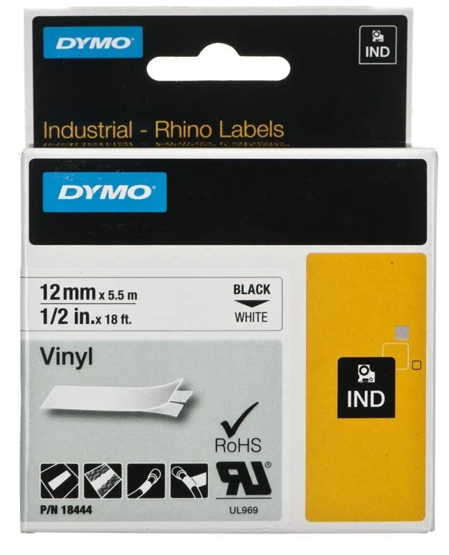 Juostelė DYMO Rhino 12mm x 5.5m, vinilinė, juoda ant balto / S0718600 18444