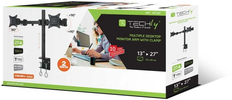 Laikiklis TECHLY 301740 Techly Dvigubas stalas LED/LCD monitoriaus rankena 13-27 2x10kg reguliuojama