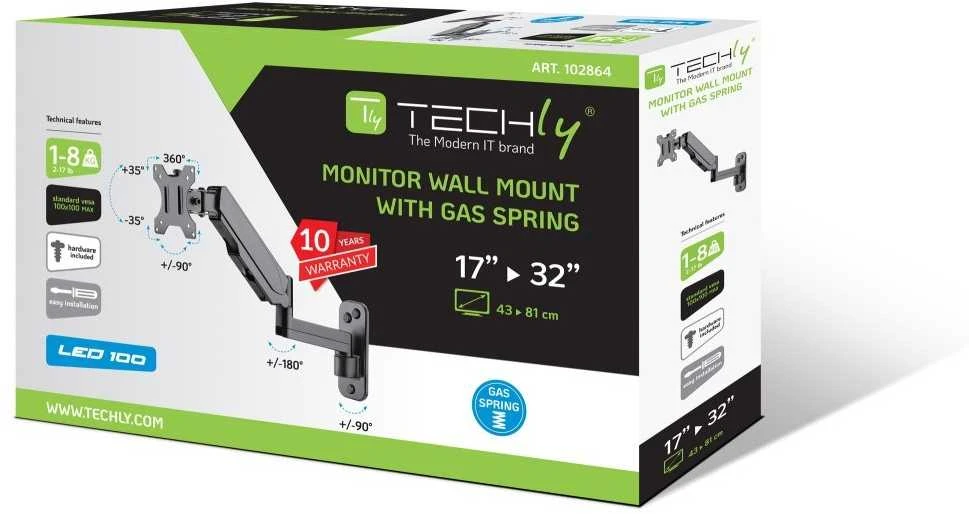 TECHLY 102864 Techly Sieninis laikiklis televizoriui LED/LCD 17-32 8kg VESA pilnas judesys su dujine spyruokle